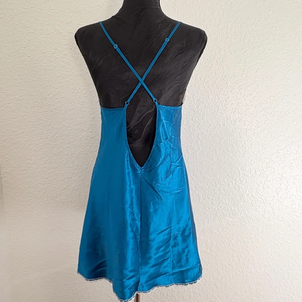 Frederick's of Hollywood Lace‎ Trim Satin Chemise Womens L Teal Blue